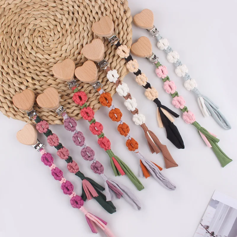 ABCPICK Wooden Baby Pacifier Clip Handmade Woven Cotton Rope Tassel Nipple Chain Anti-Drop Teether Infant Dummy Chain Bpa Free