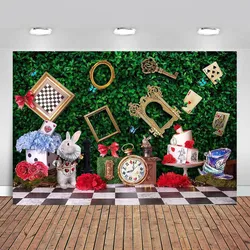 Alice in Wonderland Enchanted Tea Party Backdrop Kids Fairy Tale Green Grass Birthday Background Checkerboard Rabbit Photo Props