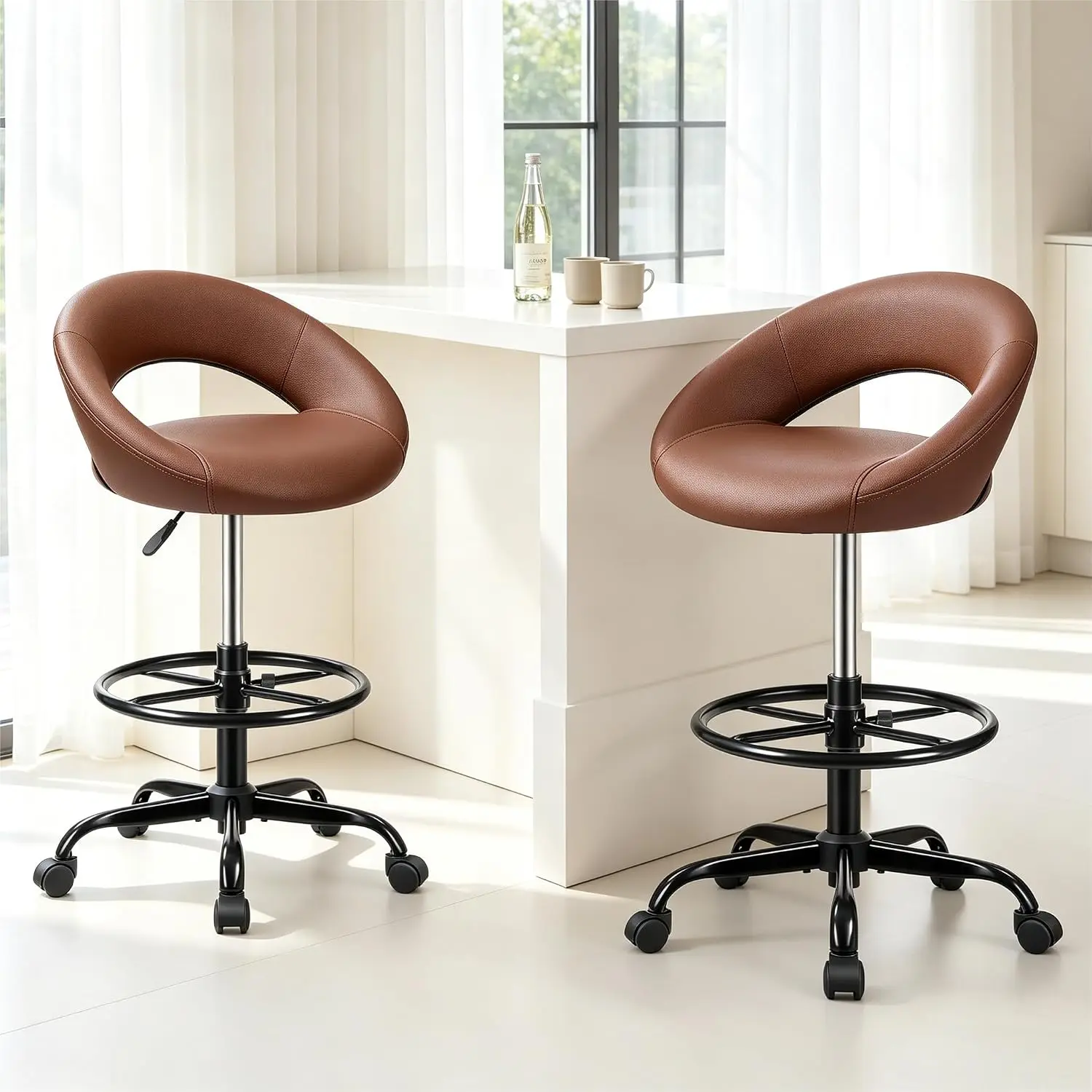 Swivel Bar Stool with Back & Footrest, PU Leather Drafting with Wheels,  Counter Stool for Kitchen Vanity, 2 Pack, Customized
