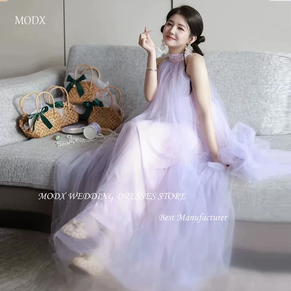 Vestidos de novia coreanos de lavanda MODX, sesión de fotos de tul, corte en A, largo hasta el suelo, cuello Halter, sin mangas, espalda con cordones, vestidos de novia