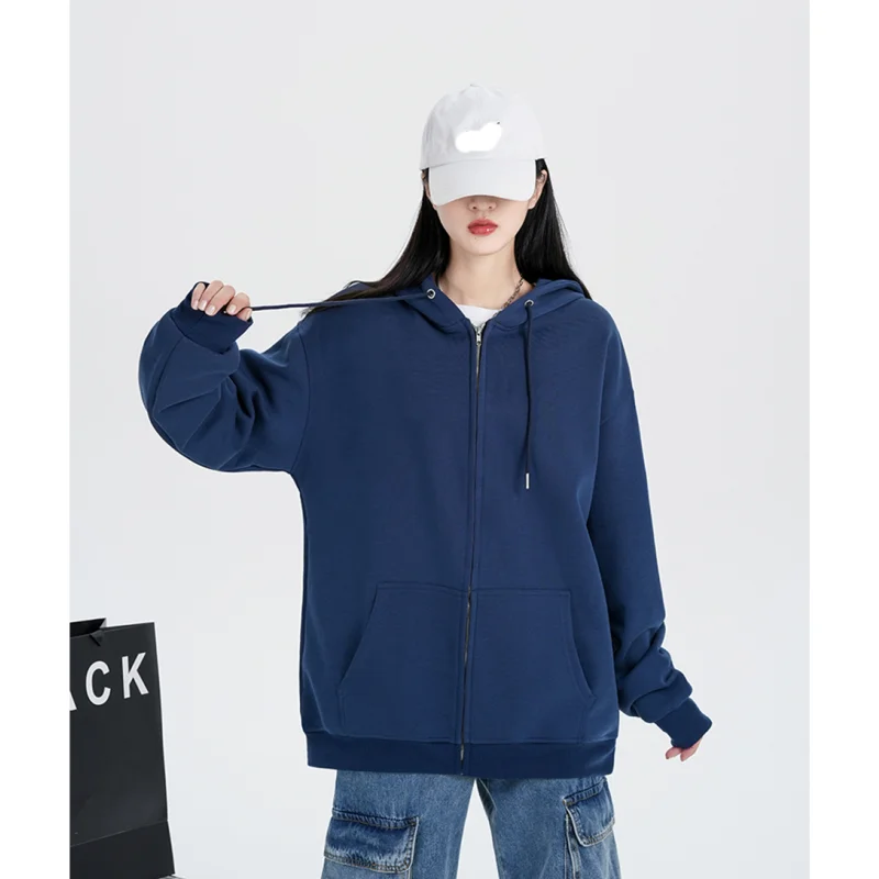 Sweatshirt Dark Blue Women Coat Cardigan Vintage Solid Streetwear Jacket Long Sleeve Fashion Casual Y2K Style Winter Female Tops