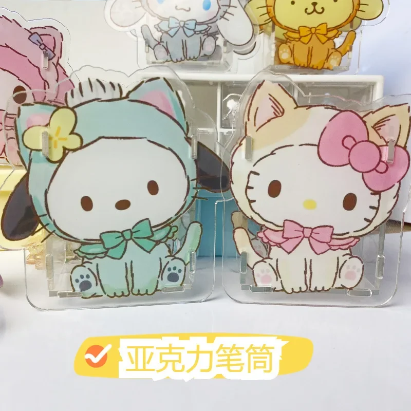 Cute Cartoon Acrylic Sanrio Hellokitty Kuromi MyMelody Pen Holder Student Supplies Transparent Multi-functional StorageOrnaments