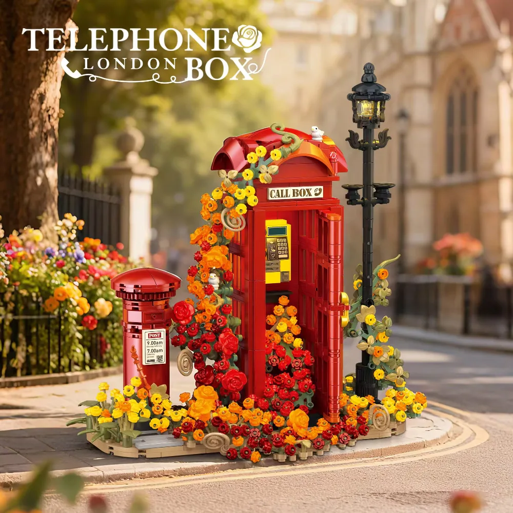 

Creative Vintage Telephone Booth With Eternal Flower Building Blocks City Classic Call Box DIY Bricks Toys Girl Valentine Gift