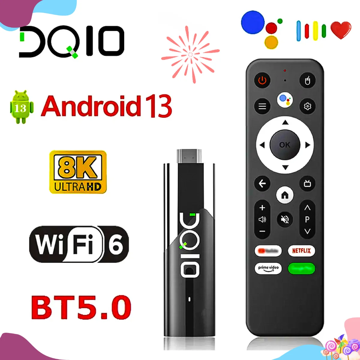 DQ10 TV Stick Android13 Support 8K Video 4K Wifi6 Allwinner H618 Quad Core Cortex A53 Voice 3D Google YouTube Android TV stick