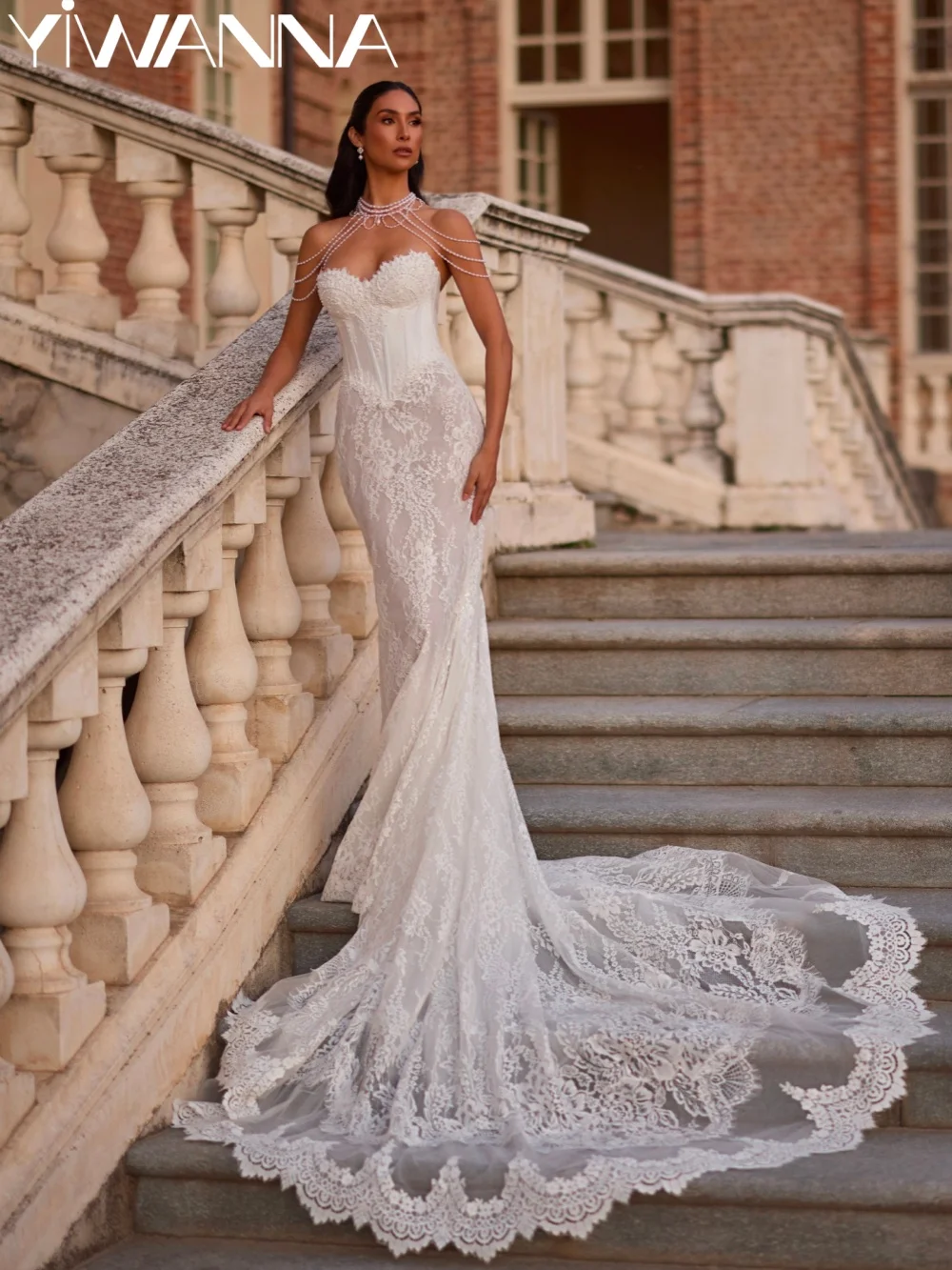 

Dazzling Pearls Lace Mermaid Wedding Dress Romantic Sweetheart Neck Bridal Gown Customized Dreamy Backless Dresses For Bride