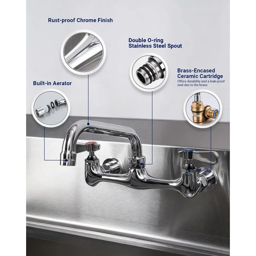 8. Настенный смеситель для коммерческой мойки с поворотным изливом, 8-расширенный, с двойной ручкой, латунный смеситель для раковины для стирки и ресторана.