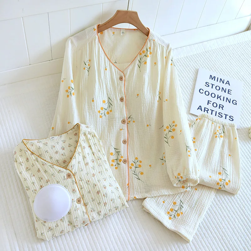 

2026 Japanese Spring and Autumn New Women's Pajama Set 100% Cotton Floral with Chest Mat Long Sleeve Home Clothes Two Piece Set
