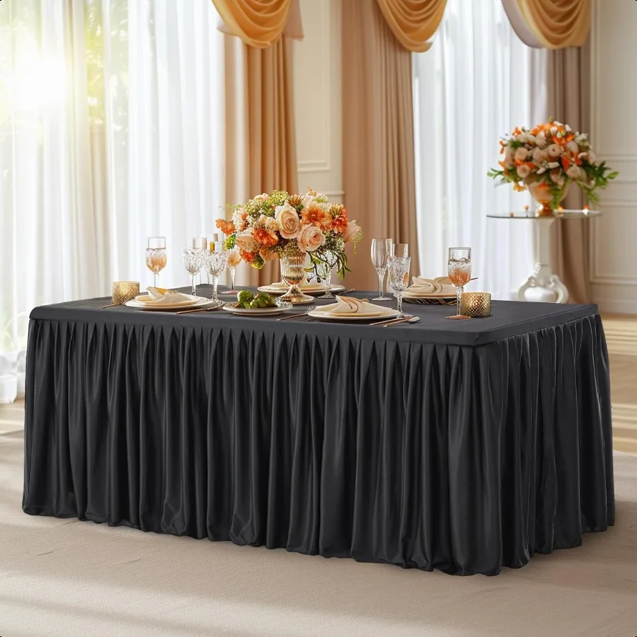 

Black Polyester Table Skirt for Rec Tables 6ft Wrinkle Free Pleated Ruffle Fitted Table Cover 6ft Stretch Tablecloths with Skir