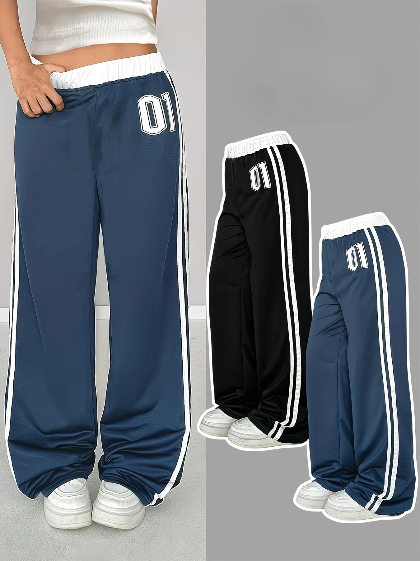 Trousers American Retro Style 01 Number-Striped Wide-Leg Pants High-Waisted Casual Athletic Pants Unisex Streetwear Sports Pants