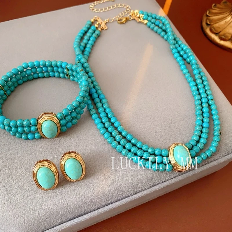 

1Set Vintage Geometric Beaded Bracelet Earrings Necklace Turquoise Layered Alloy Chain Long Length Chokers Elegant Retro Jewelry