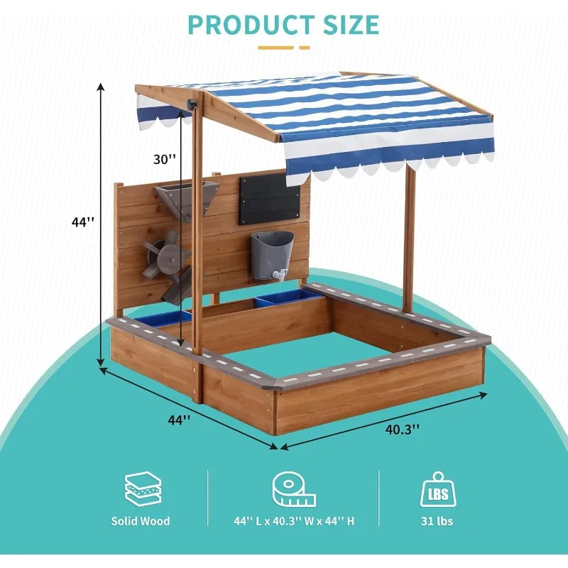 Caja de arena grande de madera con cubierta para exteriores, dosel de juego para patio trasero, jardín, playa, arena, juguetes de arena para niños, juguetes de verano, 1 ud.