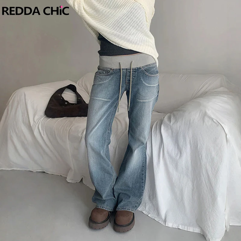 ReddaChic Binding Bootcut Women Denim Pants Korea Versatile Elastic Waist Wide Leg Rib Knit Flared Jeans Y2K Causal Streetwear