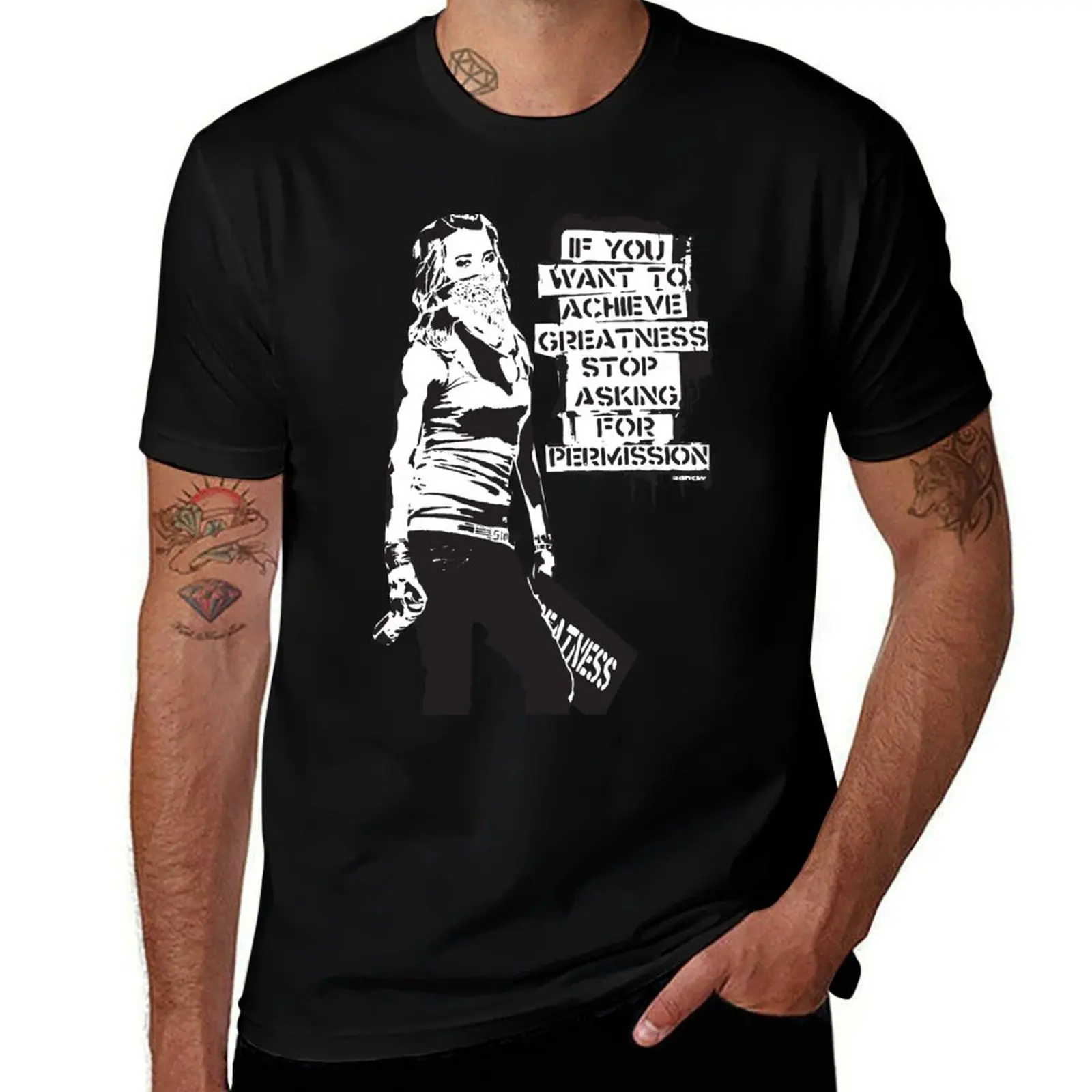 Banksy quote graffiti If You Want to Achieve Greatness stop asking for permission black and white with Banksy tag signat T-Shirt