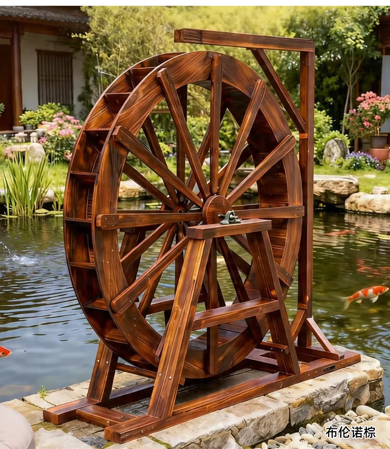 Outdoor waterwheel irrigation, flowing water, courtyard preservative wood waterwheel, kindergarten agricultural landscape