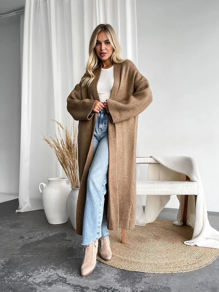 

Женский повседневный кардиган, вязаные свободные свитера, кардиганы, элегантный V-образный вырез, длинные рукава «летучая мышь», джемперы средней длины, трикотажные свитера