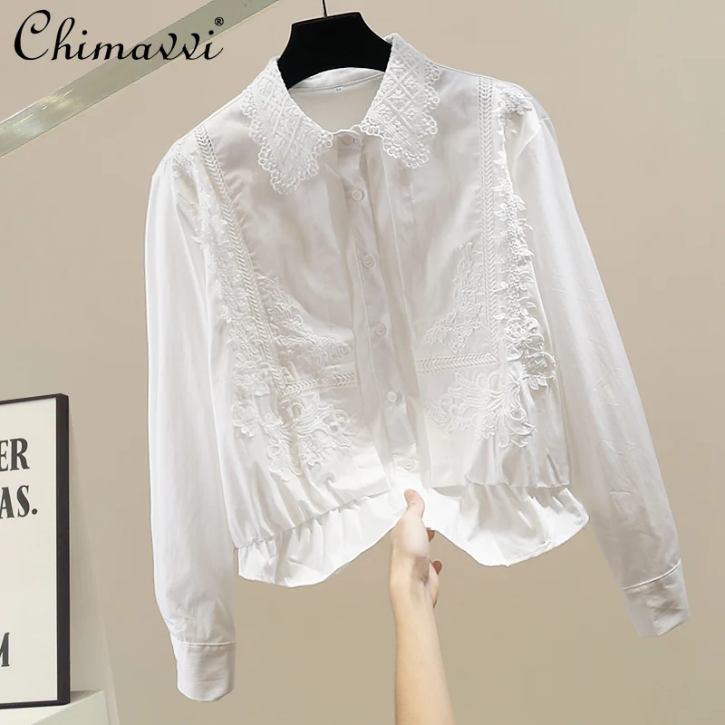 

Fashion Heavy Embroidery Turn-down Collar Fake Two-piece Shirt 2025 Autumn Clothes New Loose Elegant Long Sleeve Top for Women