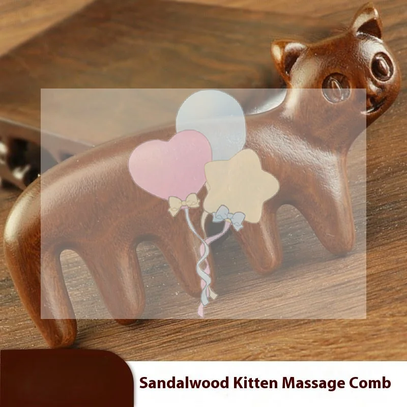 Cat Shape Sandalwood Hair Comb Scalp Relax Acupoint Massager Portable Wooden Handle Five Teeth Comb Anti-Static Styling Tool