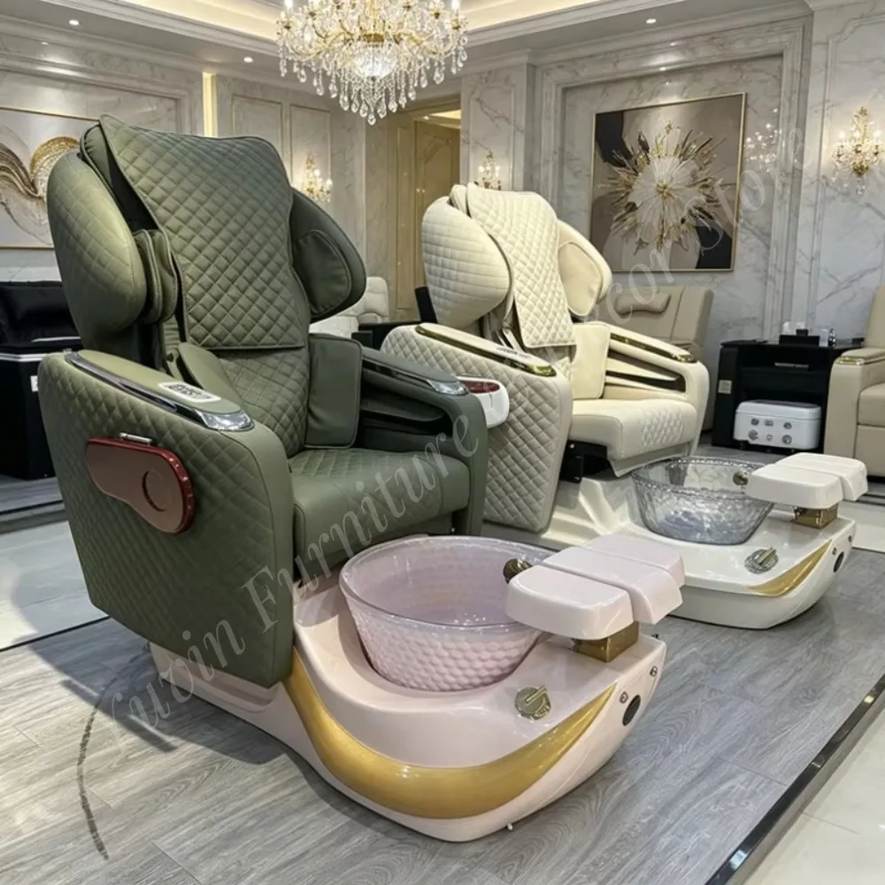 Luxury Electric Pedicure Spa Chair, Quilted PU Foot Spa Chair with Transparent Basin for High-end Nail Salon