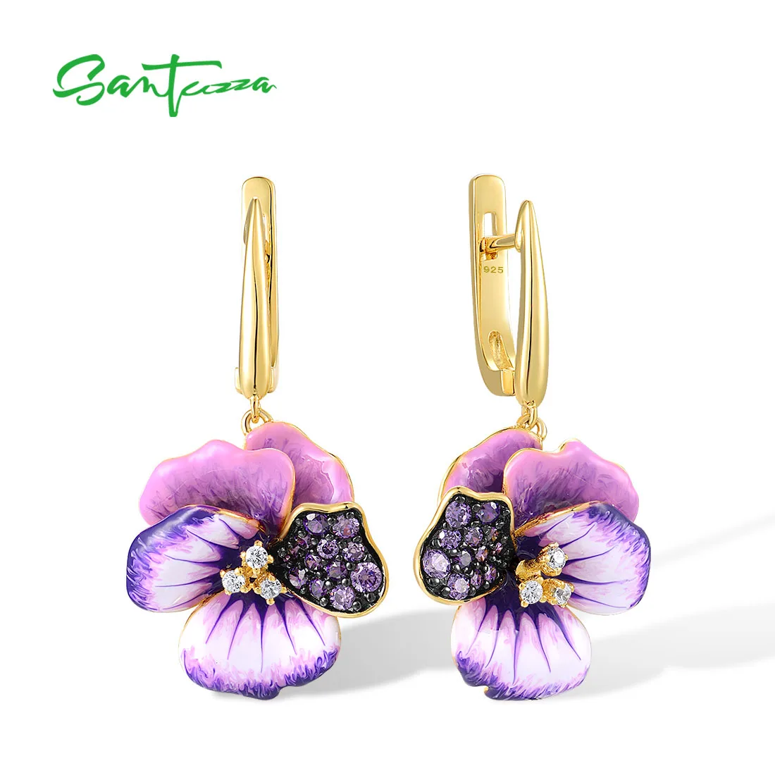 SANTUZZA Pure 925 Sterling Silver Earrings For Women Sparkling Pink And Purple Peony Enamel Flower Dangling Elegant Fine Jewelry