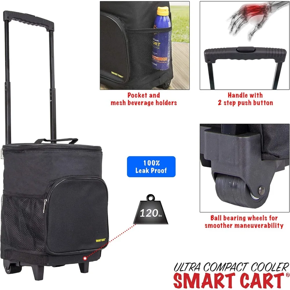 Ultra Compact Cooler Smart Cart, Black Insulated Collapsible Rolling Tailgate BBQ Beach Summer