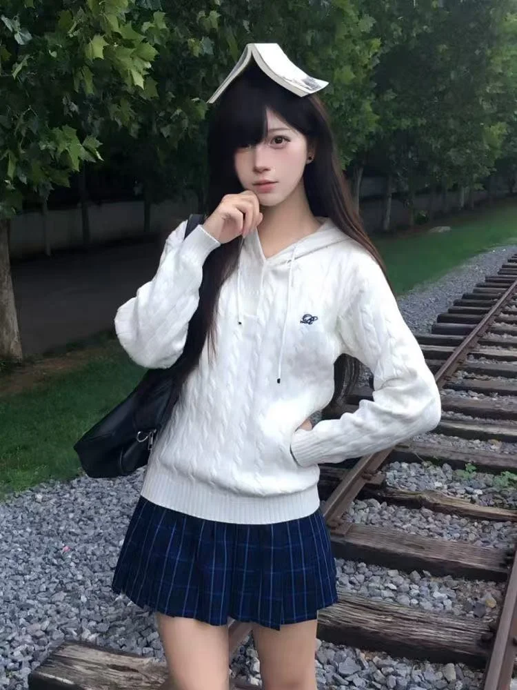 

Стильный осенне-зимний комплект: белый вязаный свитер и шапка, длинный кардиган, вязаный узор, корейский стиль, милый, универсальный размер