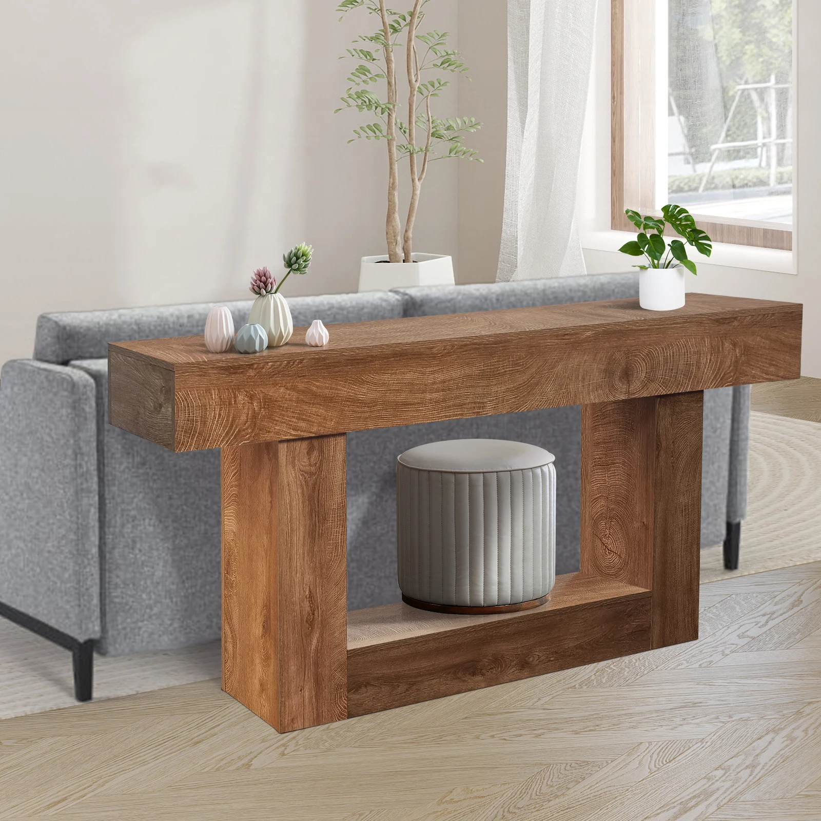 63 Inch Wood Narrow Entryway Table, 2 Tier Farmhouse Console Table Behind Couch with Storage, Mid Century Modern Foyer Furniture for Hallway, Entrance, Living Room, Natural