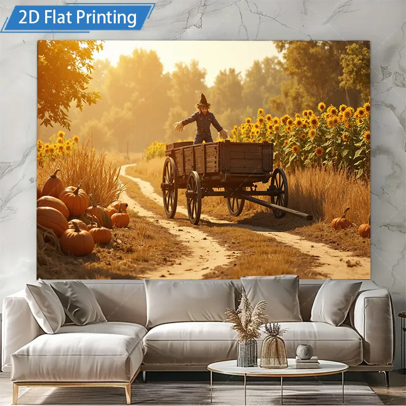 [2D شقة] 1 قطعة 4x16 بوصة علامة معدنية ريفي الخريف الفزاعة عربة عباد الشمس الميدان 2D شقة طباعة المعادن جدار ديكور فني