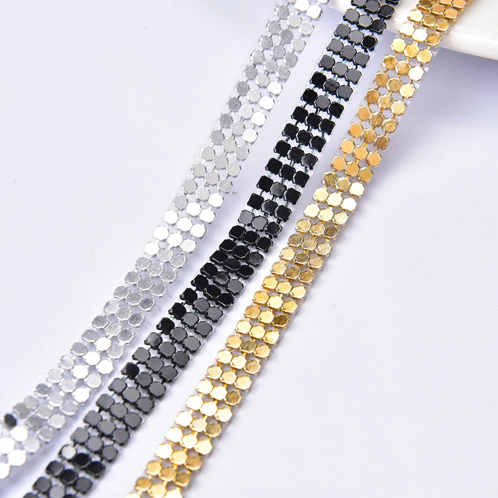 3Mm Aluminum Mesh Fabric Trim Sparkly Metal Sequin Hotfix Ribbon Tape Black Silver Gold Rhinestones Bridal Applique Diy Bags Bra