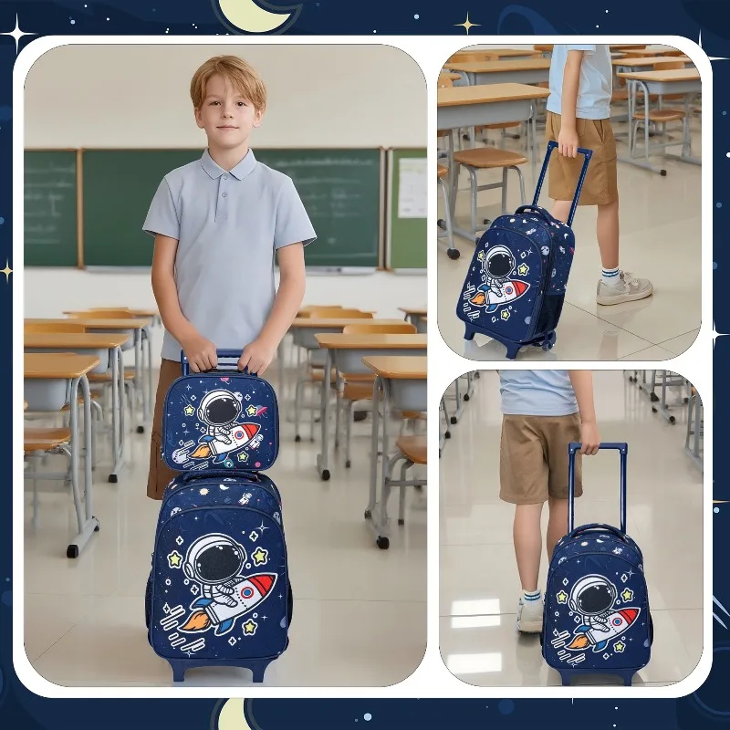 Children Astronaut School Trolley Backpack Boys Rolling Backpack Trolley School Bag with Wheels Wheeled Backpacks Kids Luggage