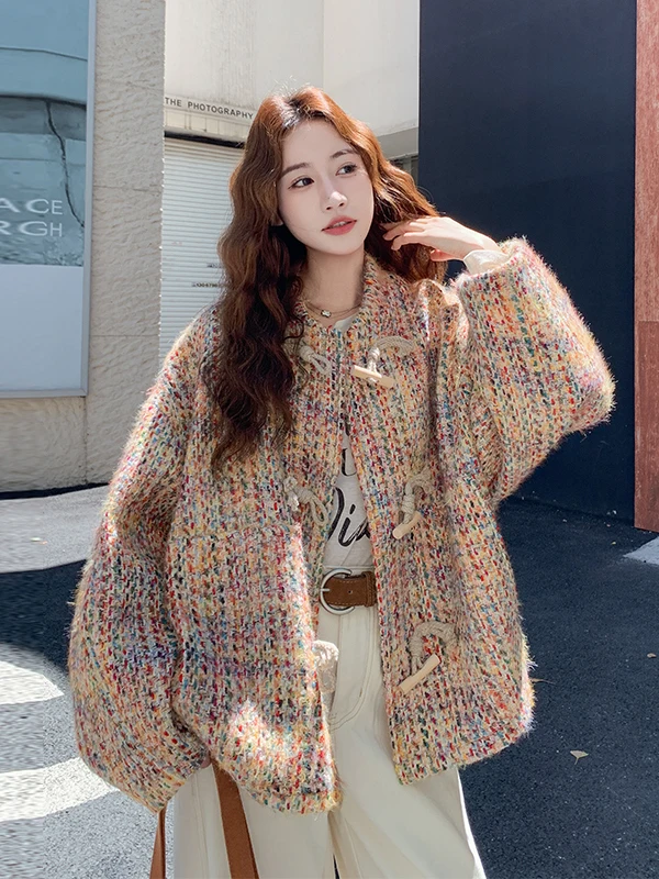 

Knitted Thi Tweed Women's ort Coat Autumn Winter New Sle Small Size Age-Defng Button-Up Woolen Jaet