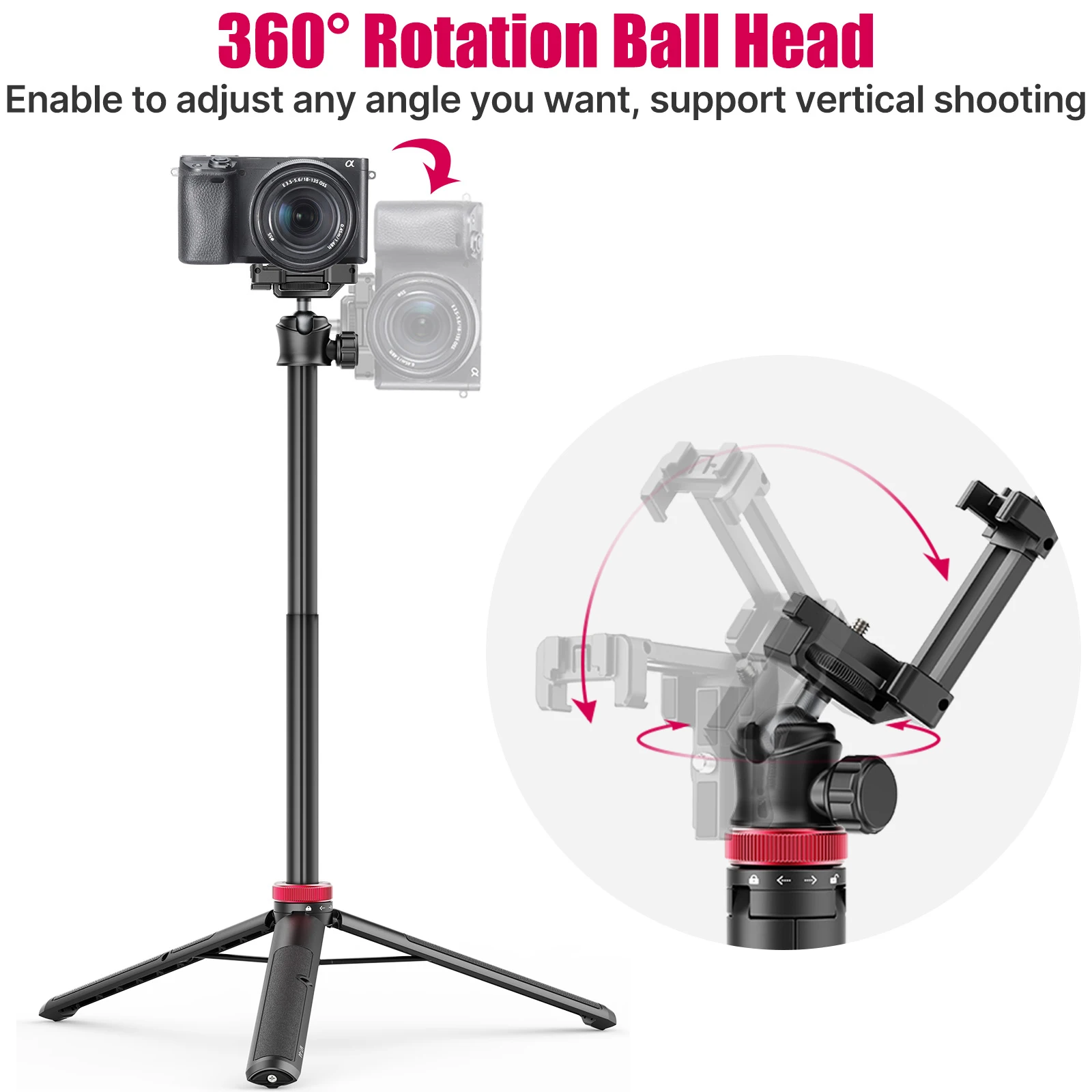 Extendable Mini Tripod Stand Flexible Portable Selfie Stick with 360° Rotatable Ball Head Quick Release Plate Phone Clip