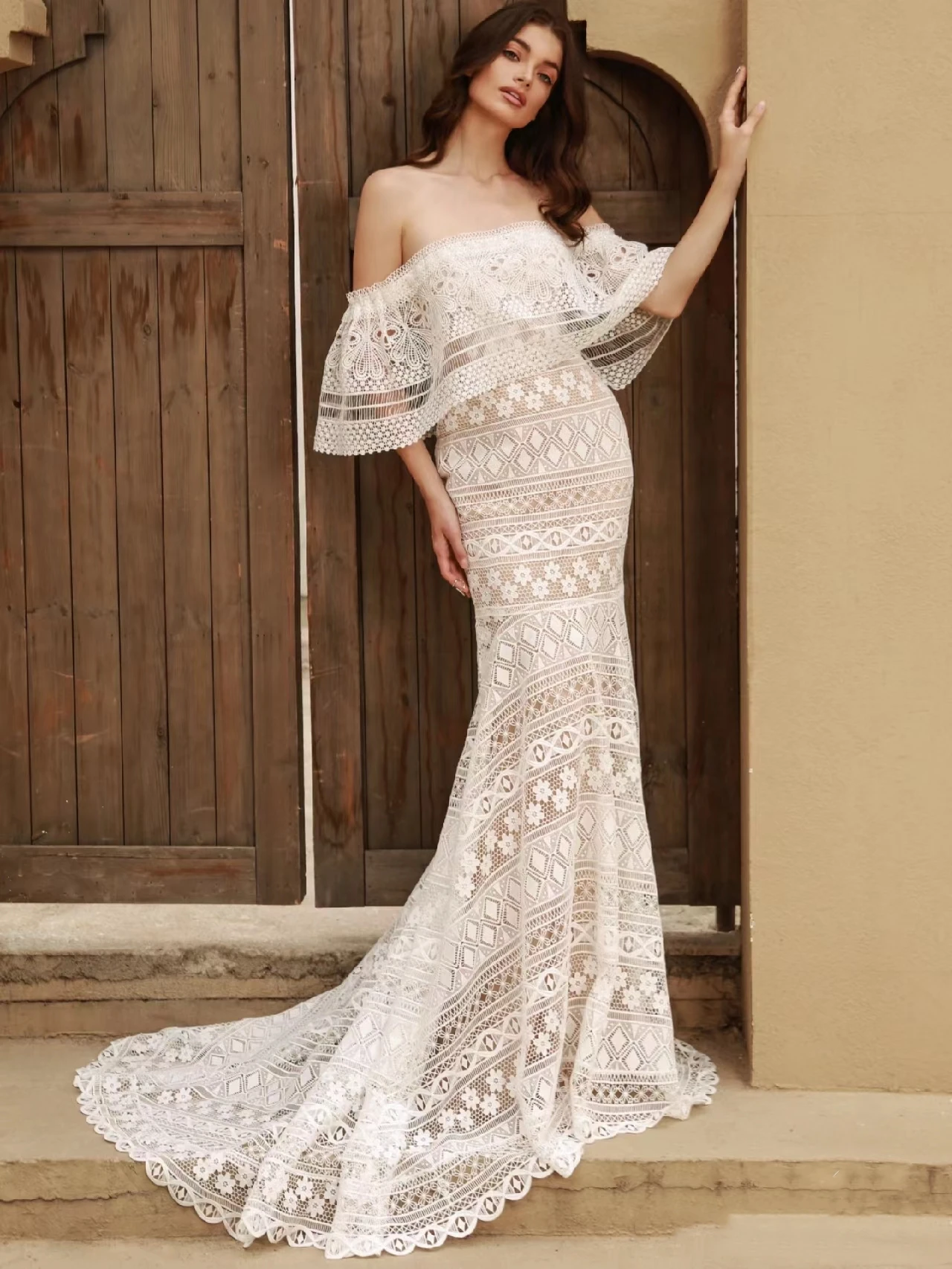 Vestidos De Novia sin espalda con hombros descubiertos, Vestidos De Novia Vintage De sirena, Apliques De encaje, batas De cuello barco