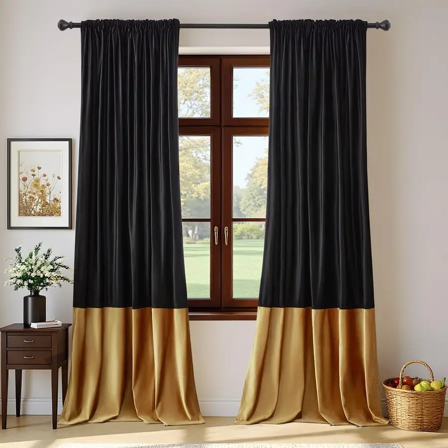 

Curtains 84 inches Long for Living Room Blak Gold,2 Panels Blackout Curtains Modern Color Block Back Tab Rod Pocket Soundproof D