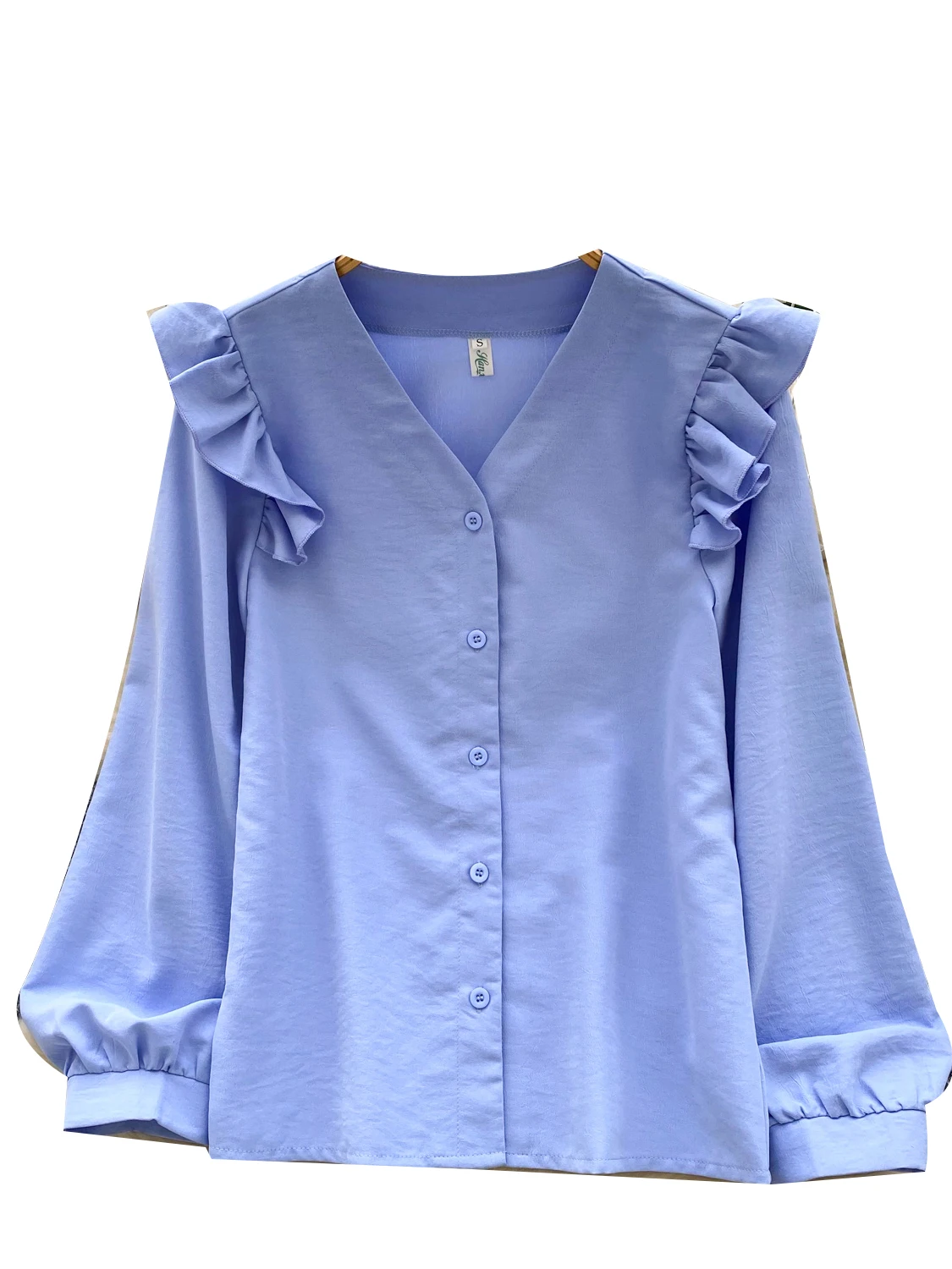 달콤하고 부드러운 스타일의 브이넥 스플라이스 긴팔 여성 셔츠 우드 엣지 브레이드 가을 패션 안티에이징 트렌디 탑