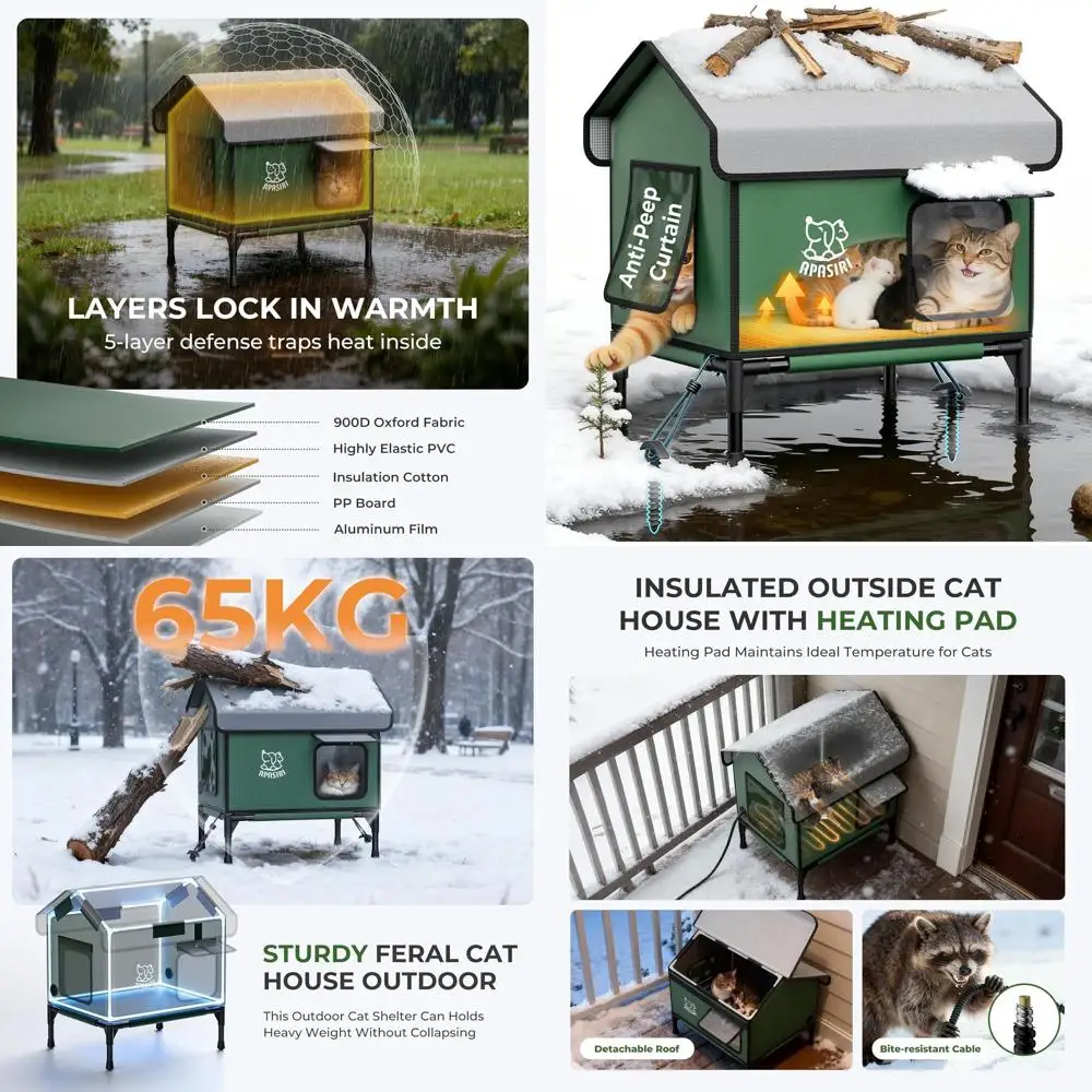 

Большое изолированное укрытие для кошек на открытом воздухе с подогревом и занавесками против огляду