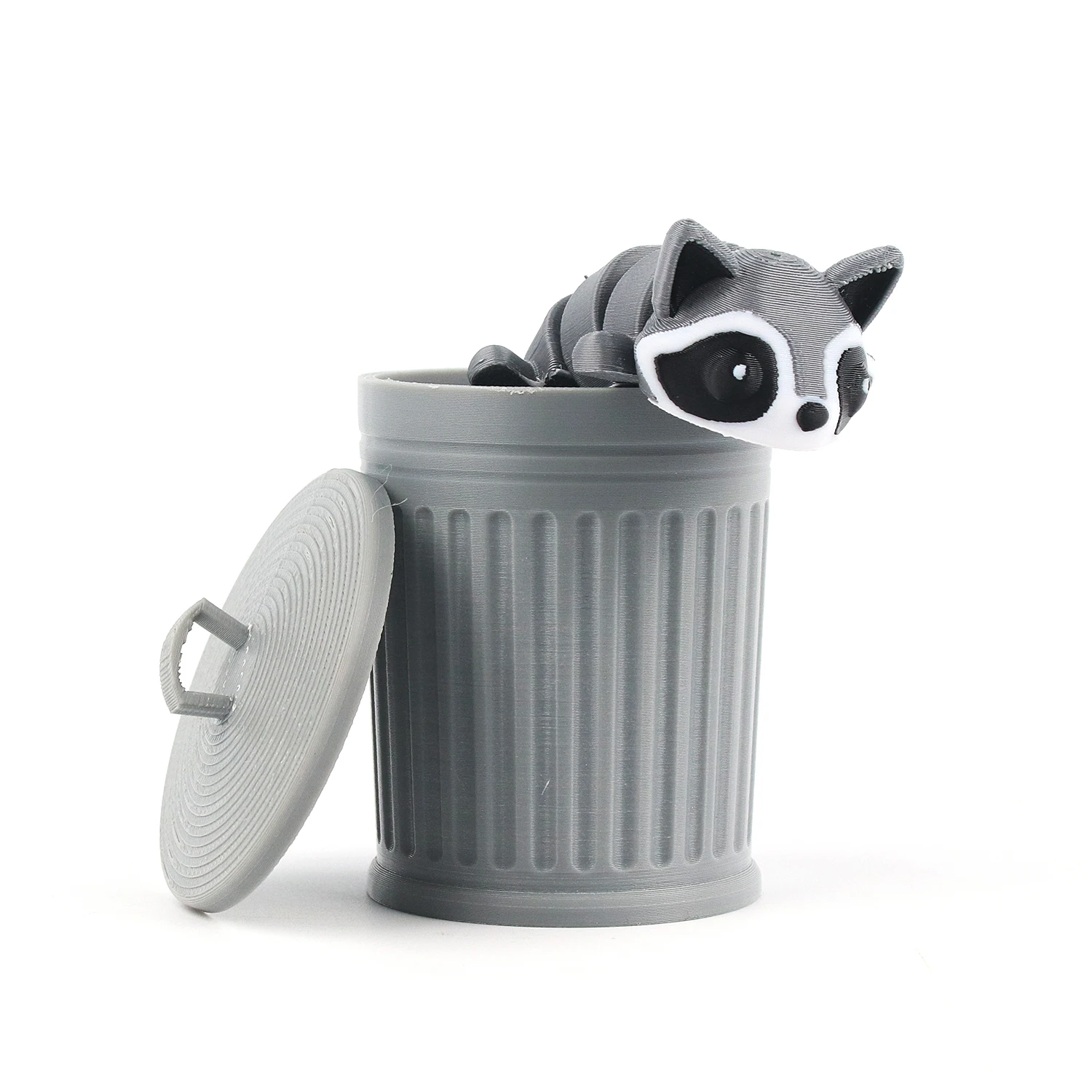 3D printed articulated raccoon toy garbage panda and garbage bin set with movable joints and cute pressure relief animals