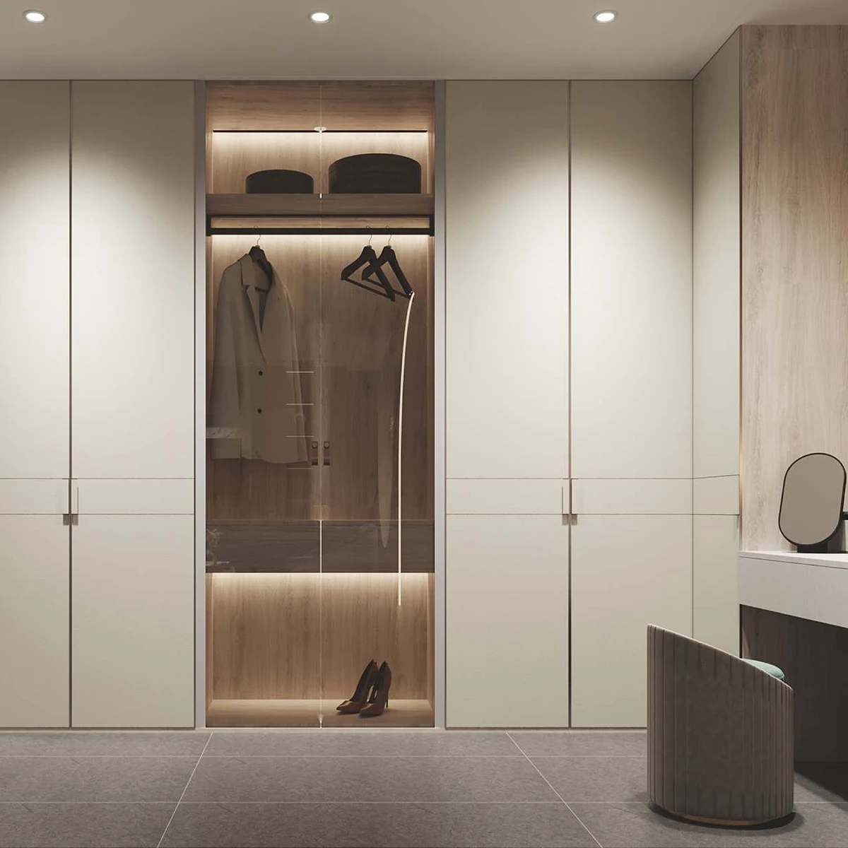 Custom Modern Sliding Door Bedroom Wardrobe Layered Storage Glass Panel Integrated Lighting Garment Organizer Wardrobe Closetpro