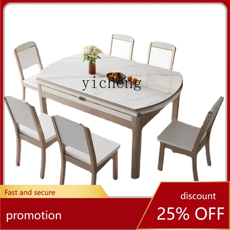 

YFY Light Luxury Stone Plate Solid Wood Dining Tables and Chairs Set Simple Retractable Folding Dining Table