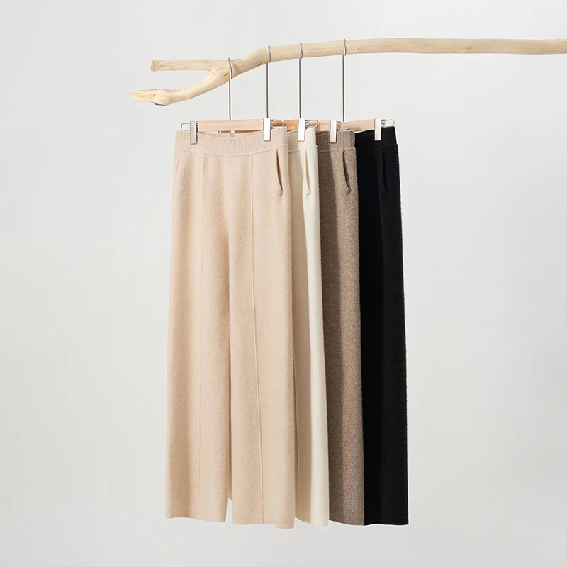 100% Cashmere Women Autumn Winter Elastic Waistband Pocket Wide-leg  Casual Loose Fashionable Comfortable Sporty Knitted Pants