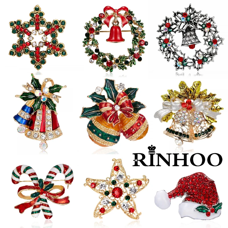 Rinhoo Crystal Christmas Star Snowflake Jingle Bell Brooch Pins Christmas New Year Fashion Gift Jewelry Gift