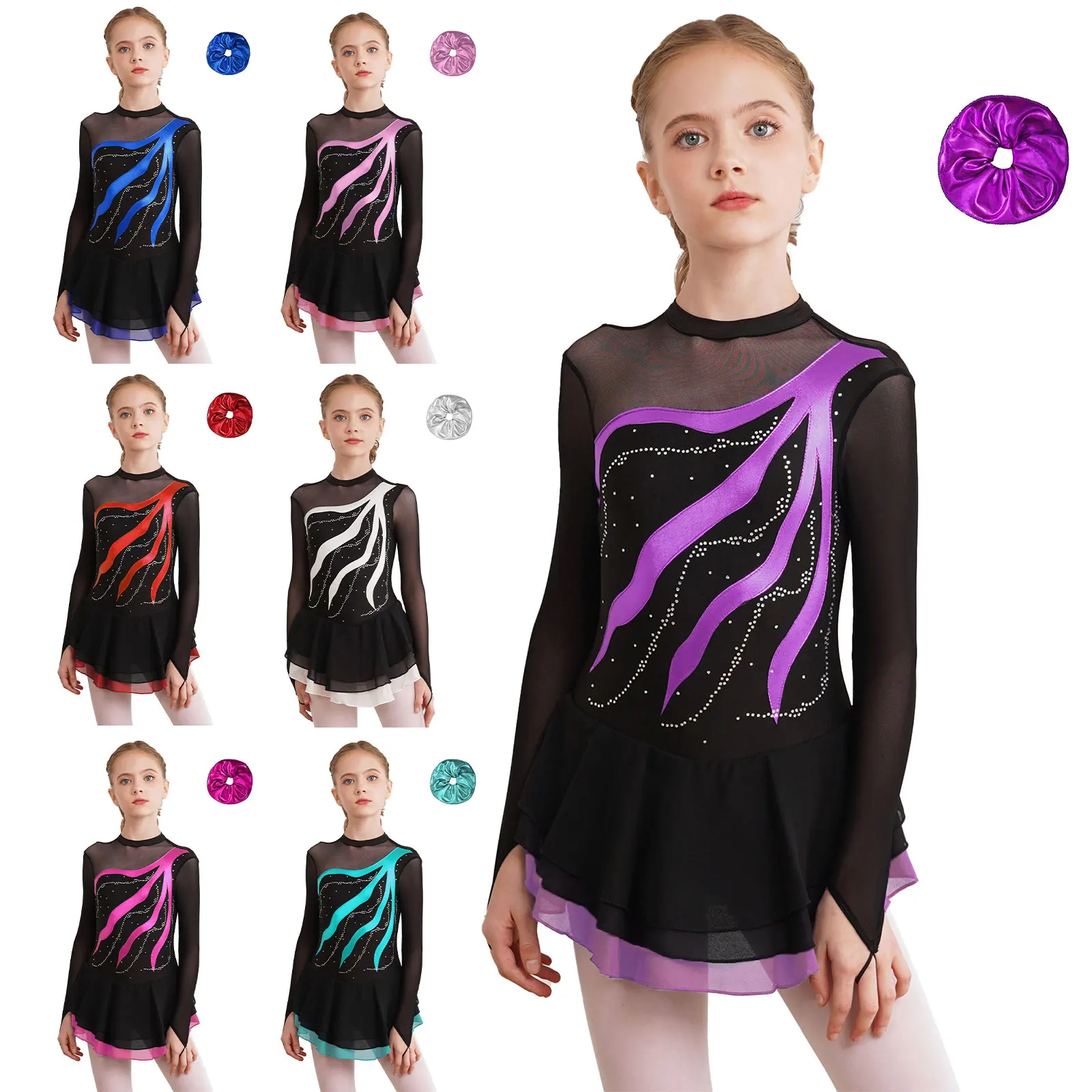 

Kids Girls Lyrical Dance Dress Ballet Modern Figure Skating Performance Costume Long Sleeve Rhinestone Dance Dress with Hairband