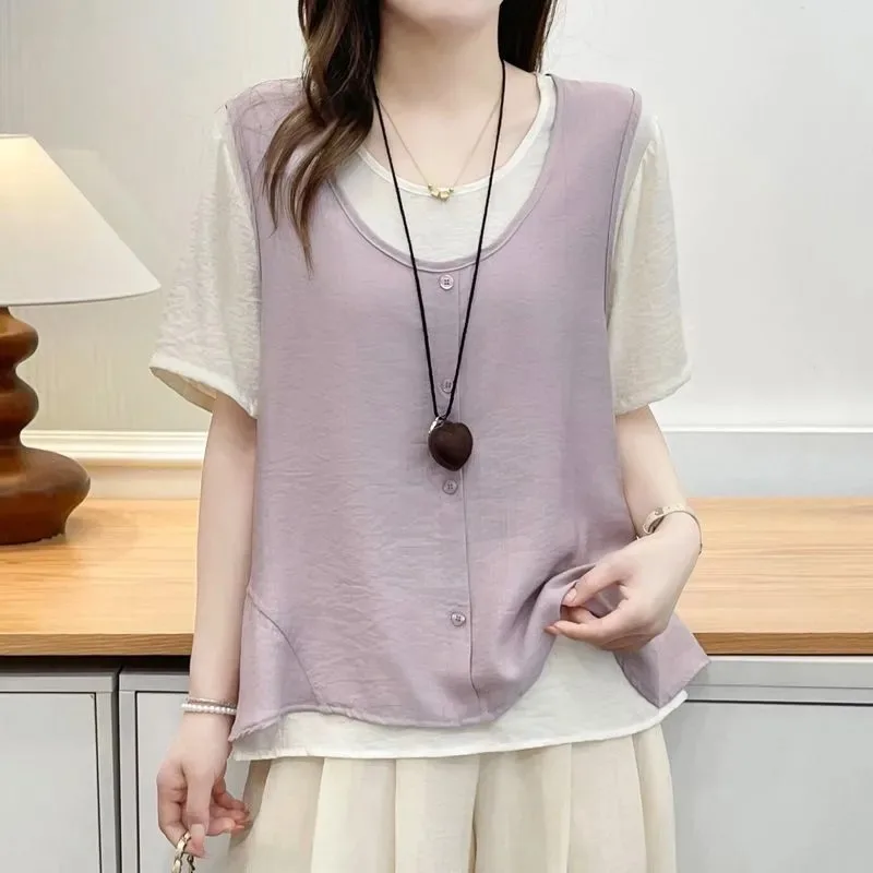Women Fake Two Piece Vest Patchwork Short Sleeve T Shirt Loose Hide Belly Casual Summer Pullover Top