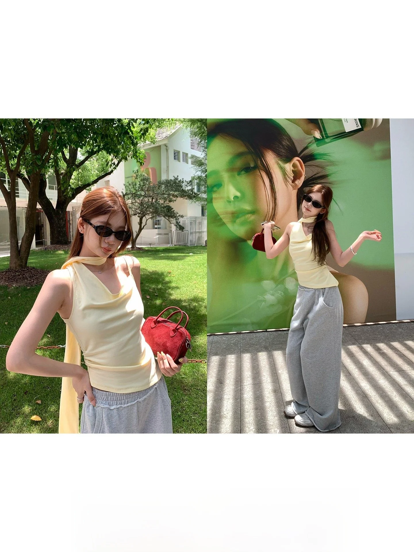 

Summer Women's Fashion Set Jennie Style Asymmetrical Shoulder Sleeveless Top with Cuffed Pants Long Pants Casual Outfit