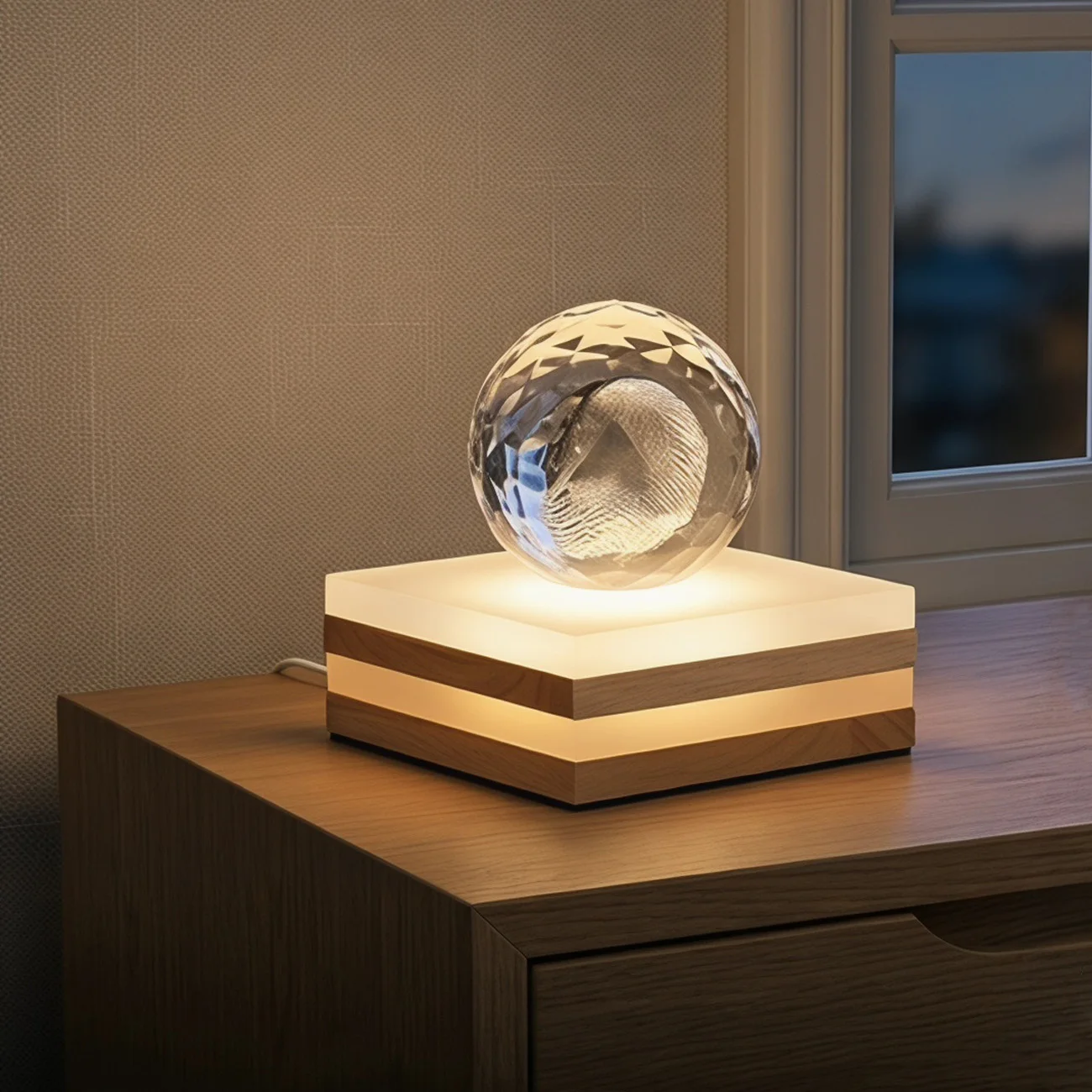 Square Wooden Art Table Lamp, Brightness Adjustable Desk Light, Dimmable Bedside Night Lighting, Potted Decoration Nightlight