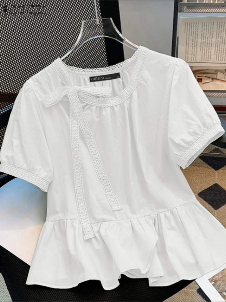 

2025 ZANZEA Elegant Short Sleeve Office Work Blouses Women Summer Shirt Stylish O Neck Holiday Lace Patchwork Tops Casual Blusas