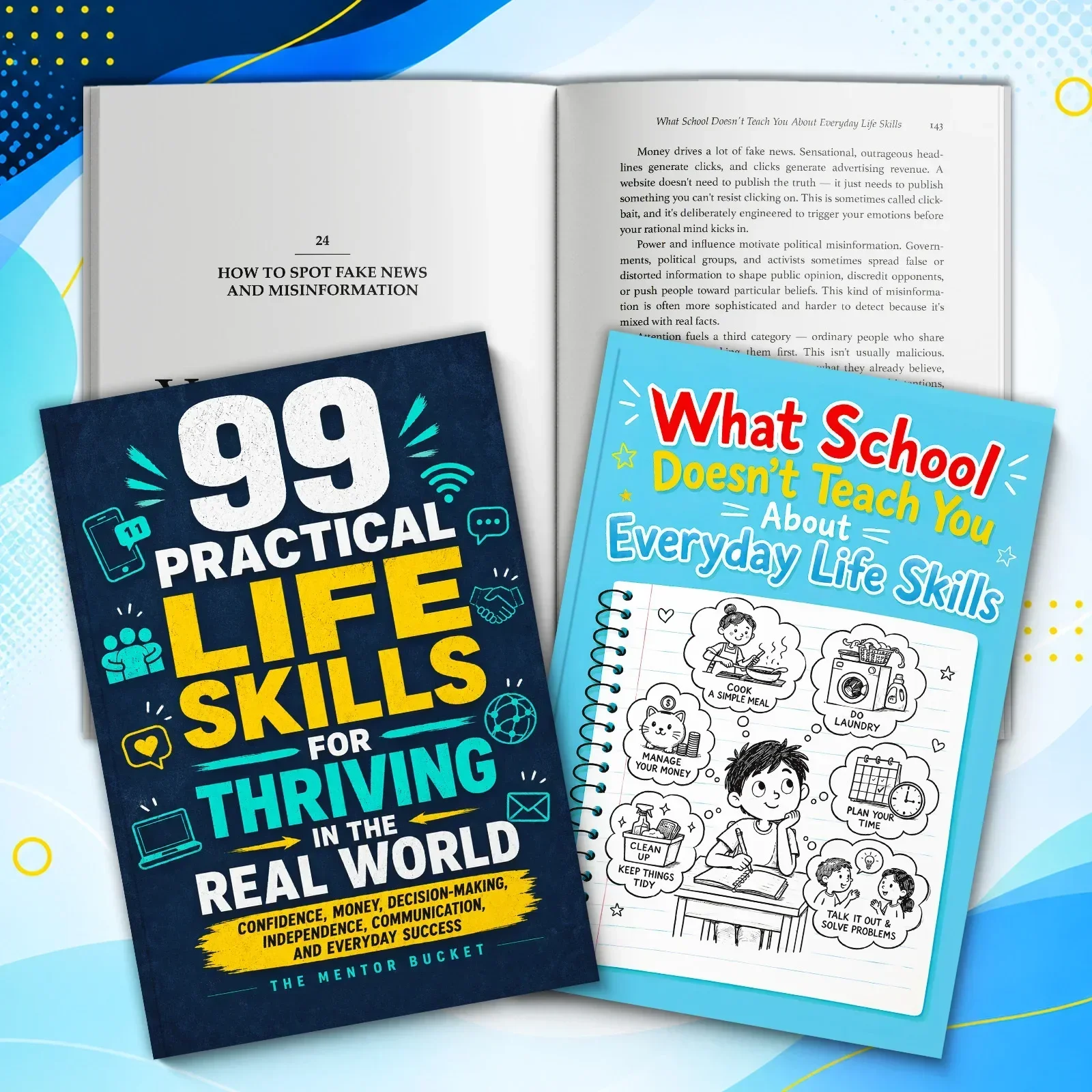 2-Book English Practical Life Skills Book Set, 99 Everyday Skills and What School Doesn't Teach You, Money, Decision-Making
