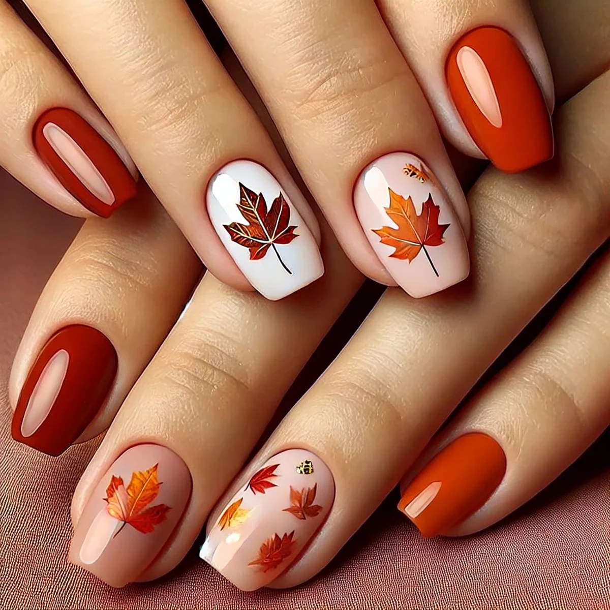 Ein komplettes Set mit 24 kurzen, quadratischen Kunstnägeln im Herbst-Winter-Stil mit orange-rotem Ahornblatt-Design, einschließlich 1 Gelee gl – Detail 2