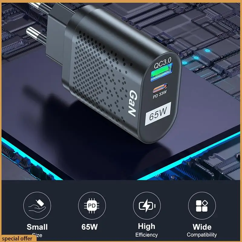 A68Z 65W Mobile Phone Fast Charger Multi-Port QC3.0 PD Multiplug Fast Charging Hand Charger For Iphone Samsung Huawei Parts EU P