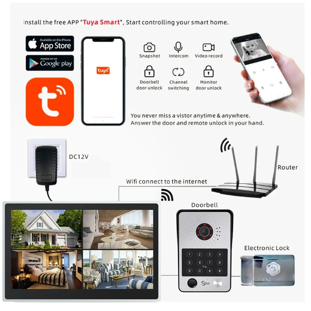 Anjielo Tuya iDVR 1080P Smart Home Doorbell Large 15.6 Inch Video Intercom Control System WiFi Video 4 Split Screen IP Doorbell