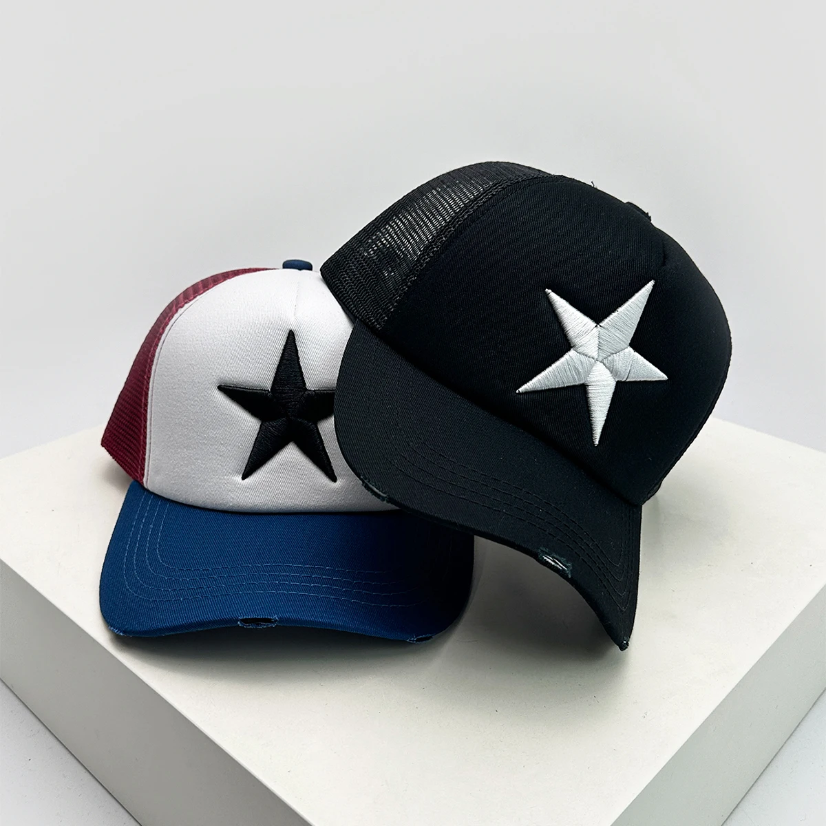 New Unisex Broken Embroidered Five-pointed Star Baseball Hats Color Block Sunshade Personal Versatile Trucker Caps Fashion ins